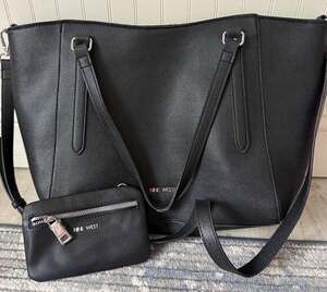 Nine West Black Pebbled Faux Leather Tote Bag with Matching Zippered Pouch